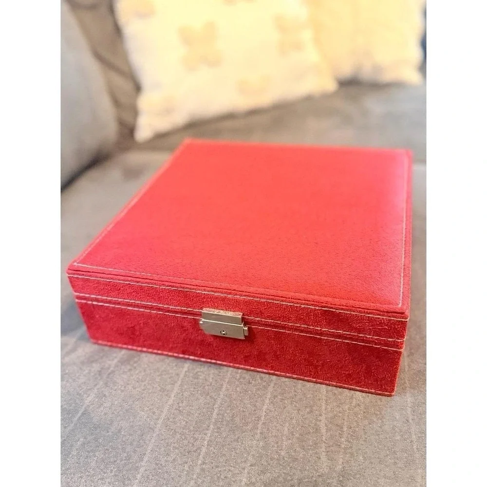 Vintage Red Velvet Jewelry Box with Key! in Fantastic Condition 10x10in Case
